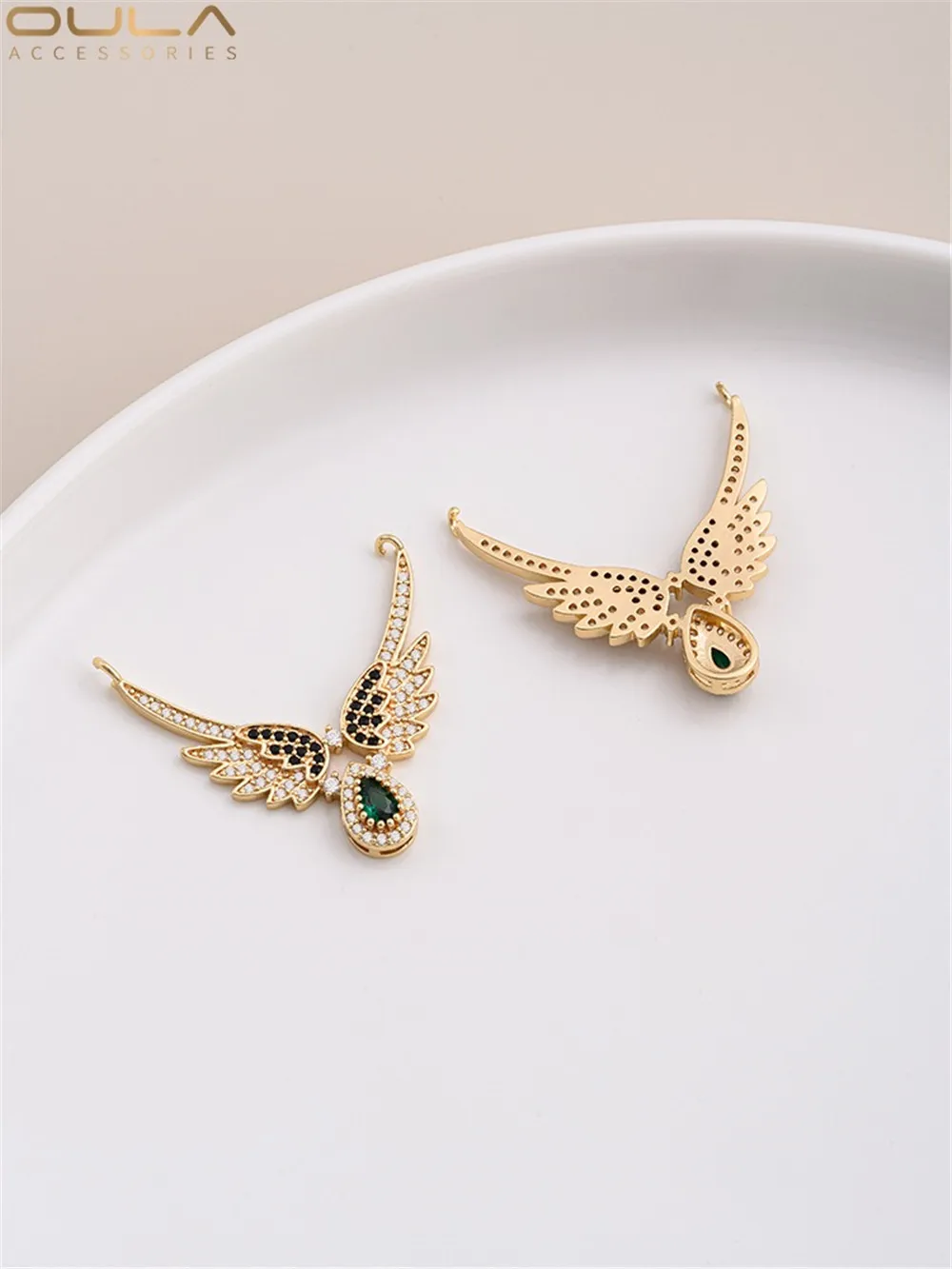 14K Gold-Color Plated Inset Zircon Angel Wings 8 Words Love Infinite Angel Wings Pendant Double Hanging Necklace Pendant