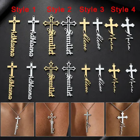 Custom Name Cross Pendant Stainless Steel Nameplate Necklace For Man Hip Hop Style Gift For Boyfriend Husband Waterproof Jewelry