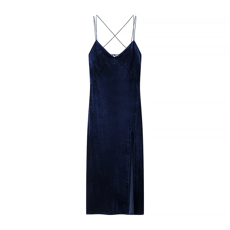 فستان ZBZA ربيعي جديد للسيدات بتصميم عصري مخملي بدون ظهر بحزام متوسط ​​الطول، فستان متوسط ​​الطول عتيق بخصر عالٍ بدون أكمام