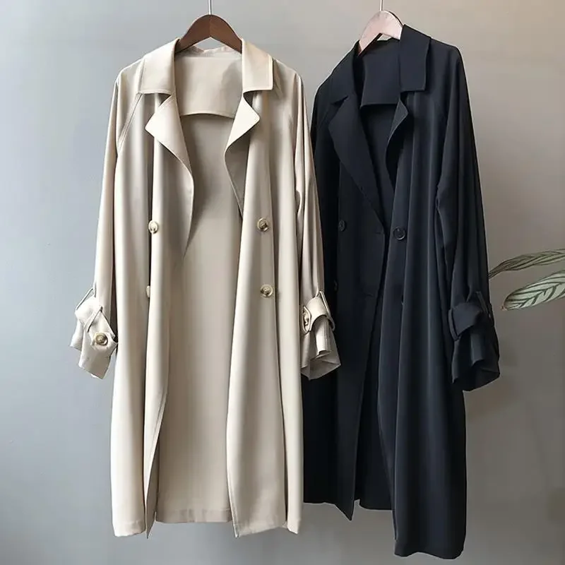 

Women's V-neck Midi Spring and Autumn New Fashionable Commute Solid Color Button Long Sleeved Oversized England Thin Trench Coat