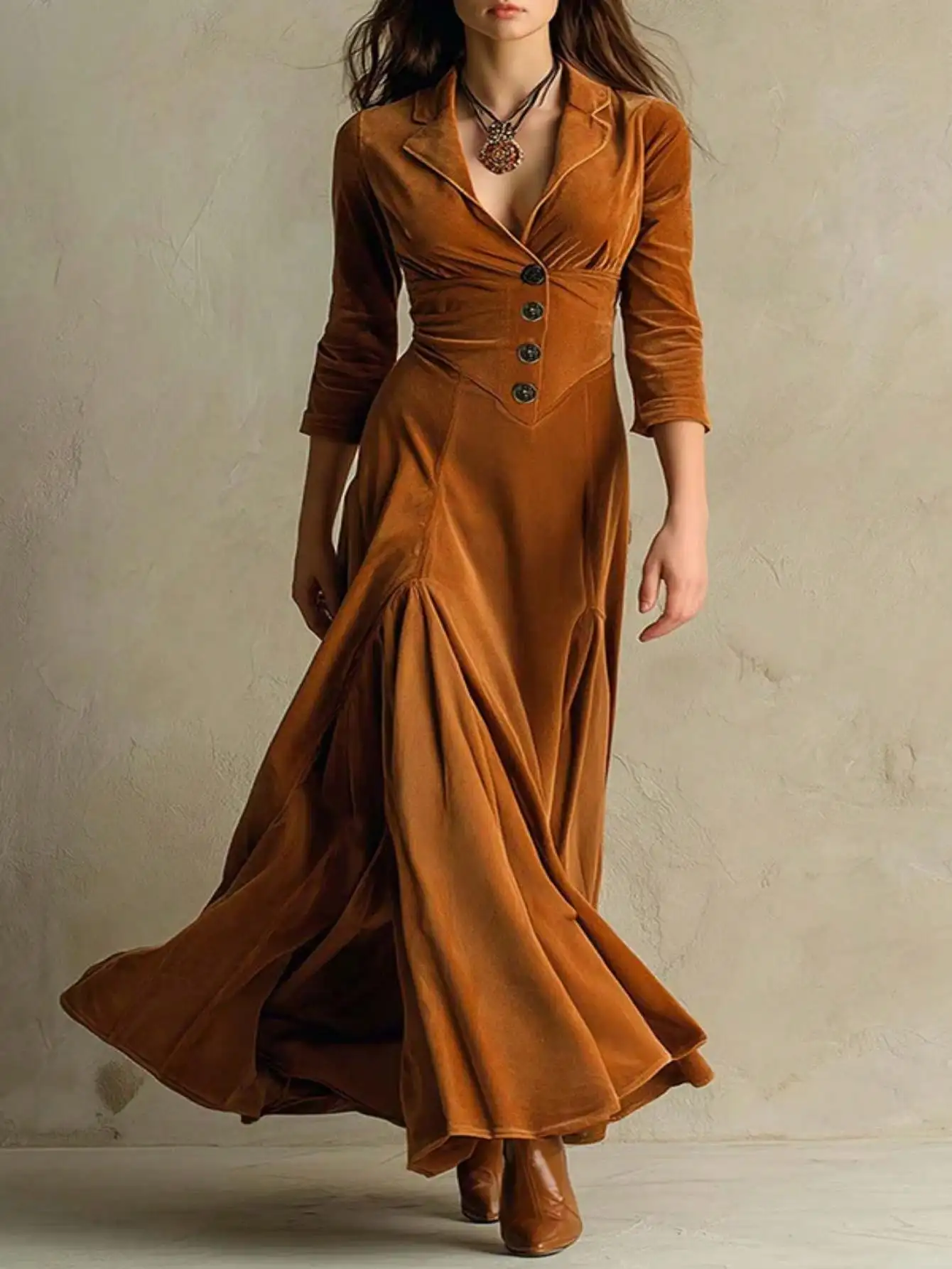 

Rust Velvet Wrap Dress with Turn-Down Collar, Button Detail & Flared Skirt