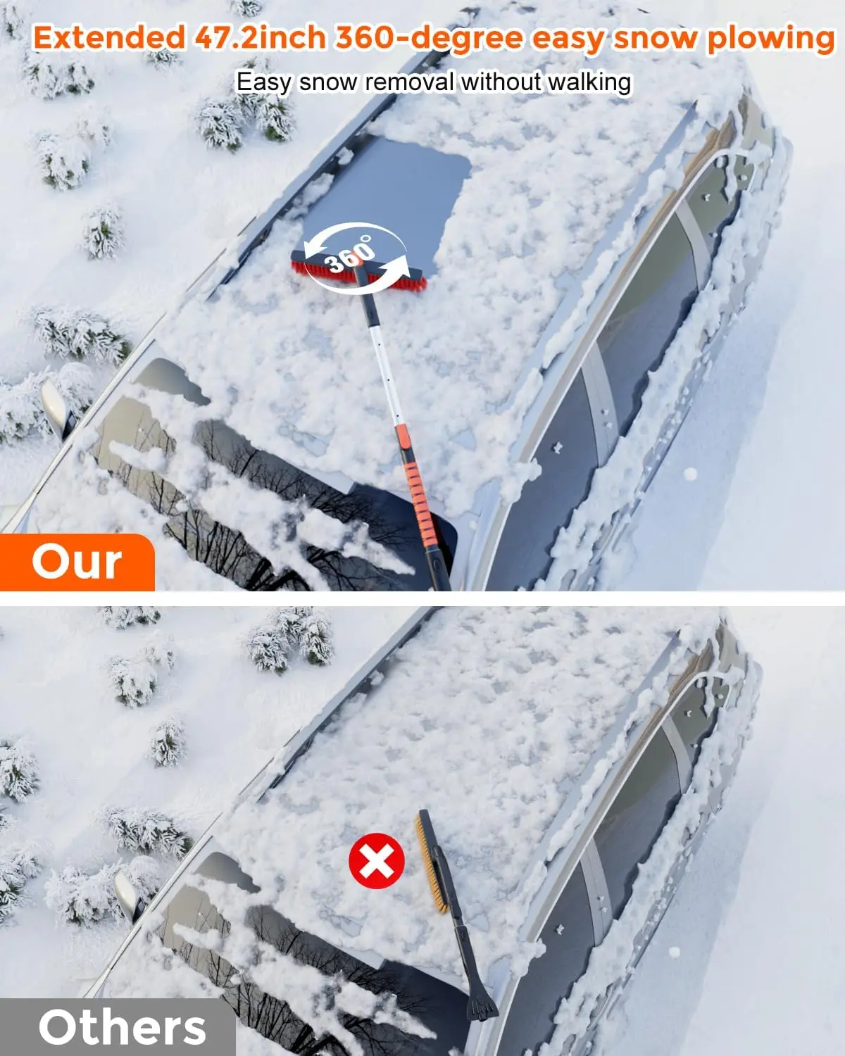 Upgraded Extendable Snow Brush with 360° Pivot Head - Military-Grade Ice Scraper for Car Windshield Cleaning