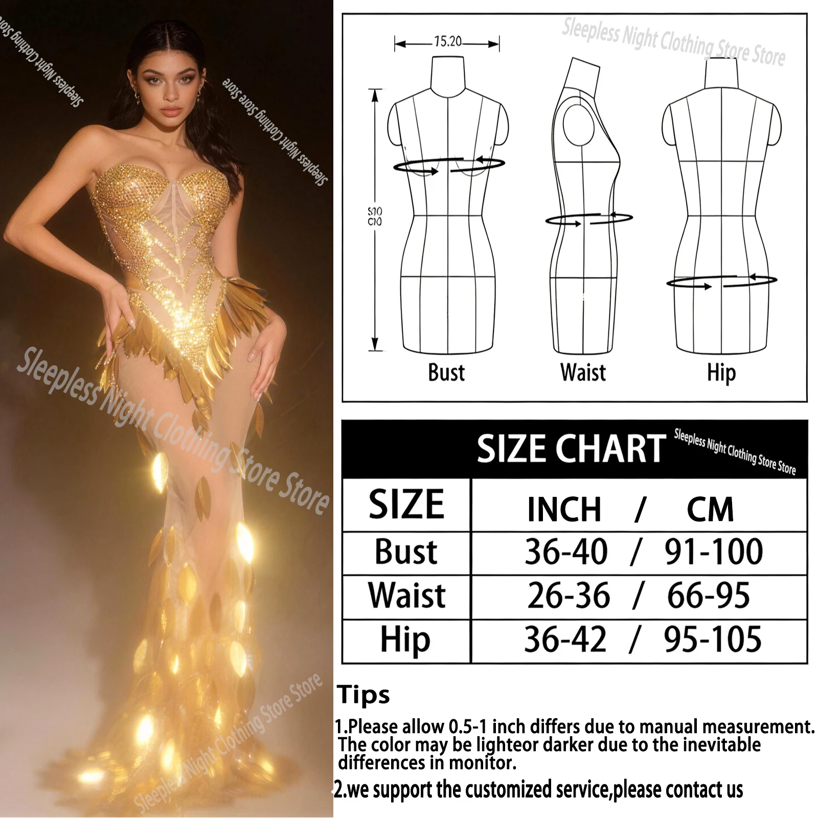 3D Gold Plastic Feather Shape Split Dress Rhinestone Evening Dancewear Celebrate Catwalk Show Nightclub Performance Stage Outfit