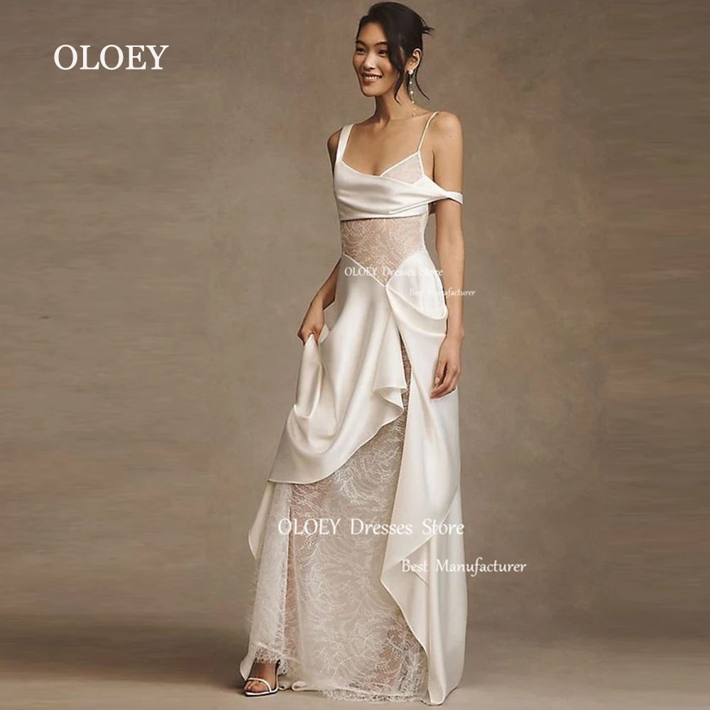 

OLOEY Lace Ivory Wedding Dress Photoshoot Fairy Spaghetti Straps Bridal Gown Pleats Satin Left Slit Formal Party Evening Dress