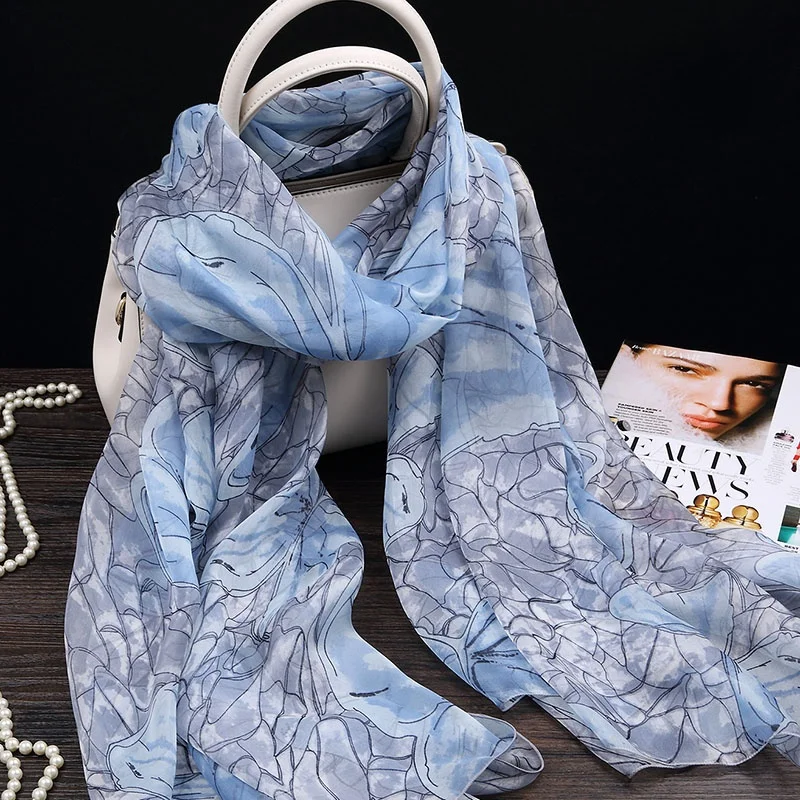 ブルーバタフライロングシルクスカーフ-レディース-大判パシュミナ-春秋冬-多用途シルクショールスカーフ-オールシーズン対応