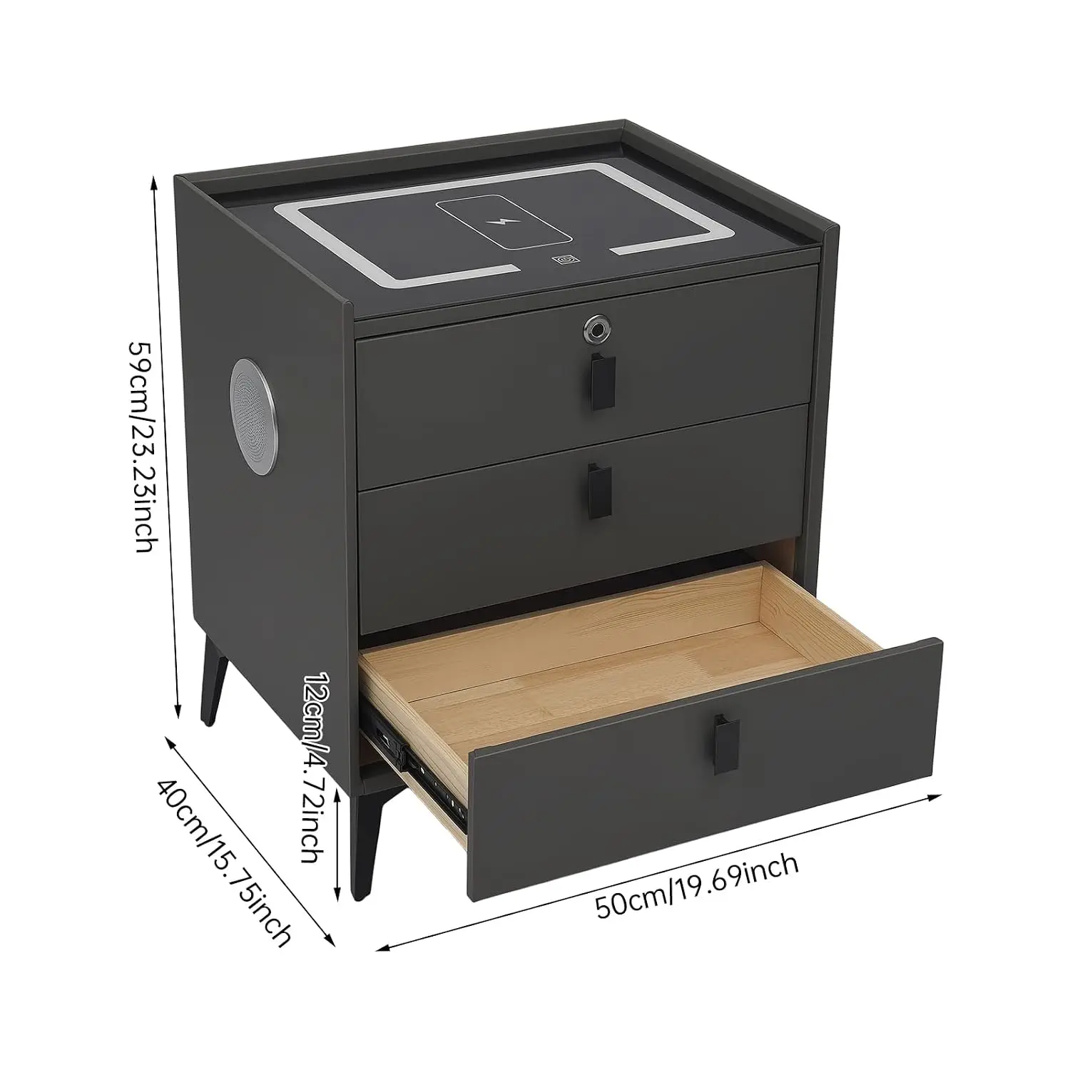 Solid Wood Nightstand with Wireless & USB Charging, Fingerprint Lock, Touch LED Light, 3-Tier Bedroom & Office Table, Customized