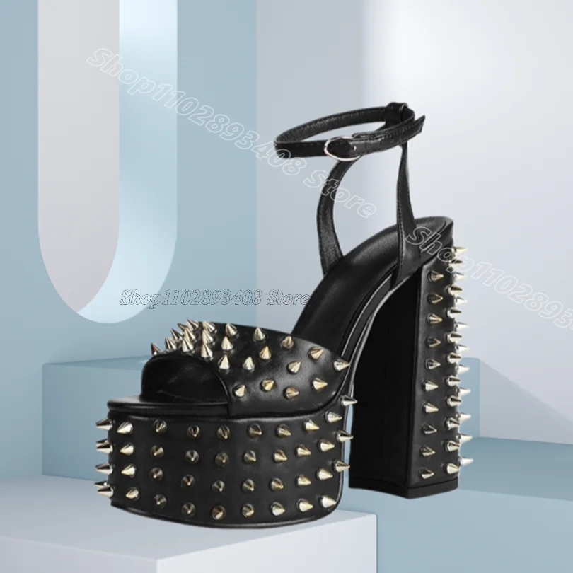 

Black Rivet Decor Platform Sandals Chunky Heels Ankle Buckle Women Casual Dress New Fashion Sandals 2026 Zapatos Para Mujere