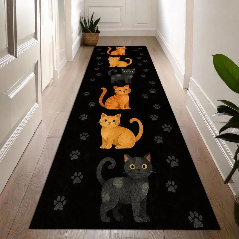 VIKAMA Cartoon Cat Kitten Runner Rug Lovely Paw Print Non‑Slip Long Floor Mat For Hallway Bedside Pet Room Cat Lover Home Decor