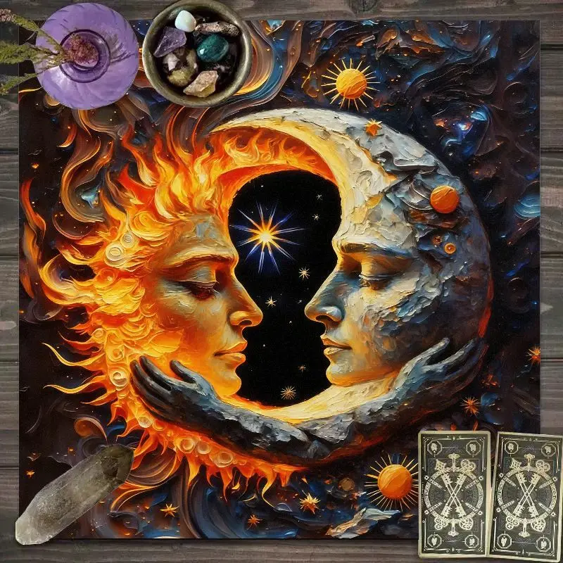 VIKAMA black gold zodiac wheel sun moon astrology tarot tablecloth oracle card spread crystal grid spiritual altar decor
