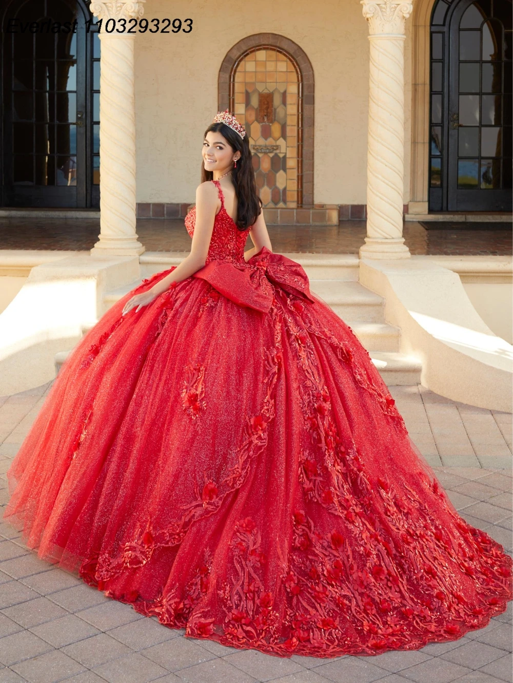 EVLAST Dostosowana brokatowa czerwona suknia Quinceanera w kwiaty Suknia balowa Błyszcząca aplikacja z koralikami Kokarda Sweet 16 Vestido De 15 Anos E1Q27