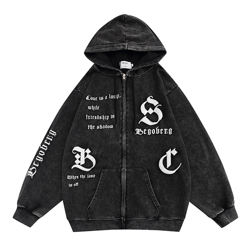 

Zipper Hooded Jacket Hip Hop Streetwear Dark Gothic Alphabet Print Cardigan Coats 2022 Men Harajuku Retro Cotton Couple Outwear