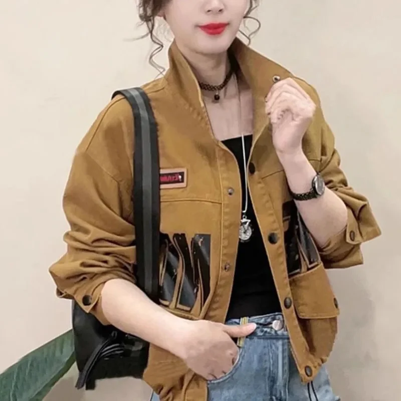 

Retro Lady Patchwork Short Cowboy Outwear 2025 Female Long Sleeves Jeans Jacket Autumn Women Stand-up Collar Casual Denim Coat