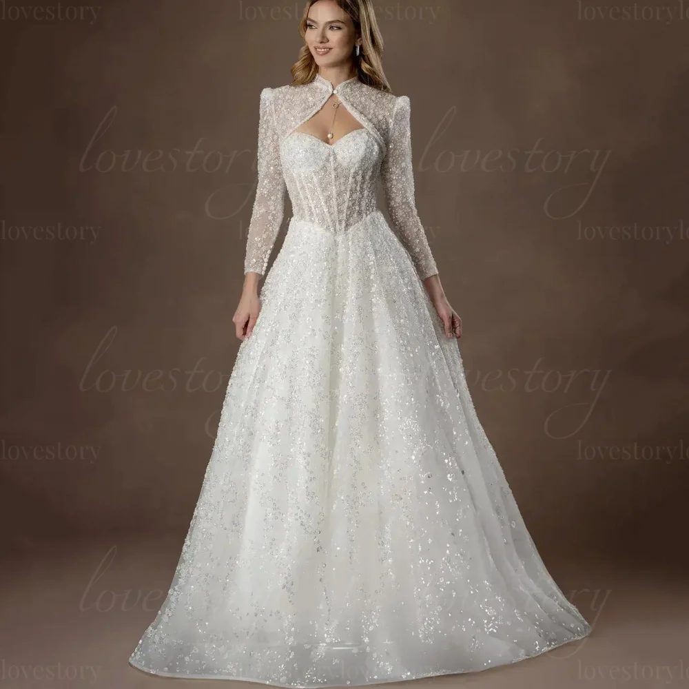 Sequined Exquisite Customized A Line Wedding Dresses Bridal Gowns Long Sleeve Back Lace Up Bride Robes vestido de novia