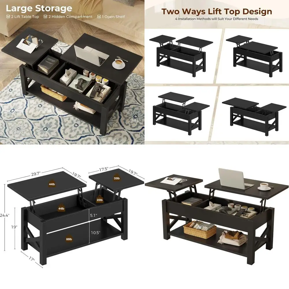 

Farmhouse Style 47.2 Lift-Top Coffee Table with Hidden Storage, Open Shelf & X-Frame Support for Living Spaces, Black
