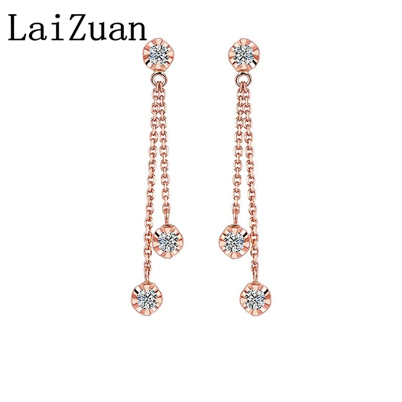 LaiZuan Solid 18K Rose/Yellow/White Gold H/SI 0.15ct Natural Diamonds Stud Earrings Women Trendy Charm Tassel Earrings Pendant