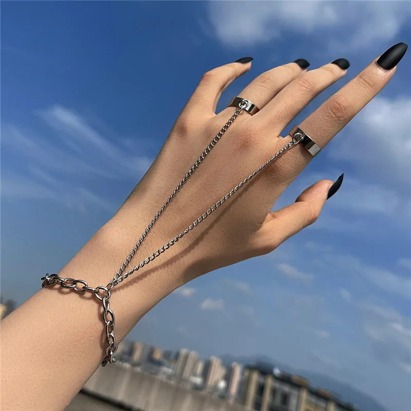 LATS Punk Silver Color Chain Wrist Bracelet Rings for Women Men Charm Set Couple Emo Detachable Ring 2022 Fashion Jewelry Gift