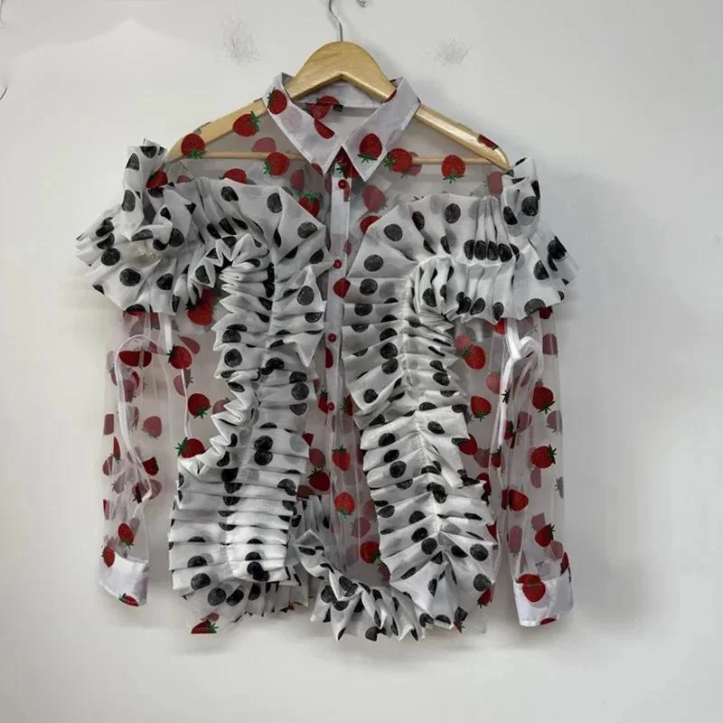 Men Shirts Sheer Strawberry Print Mesh Polka Dot Ruffle Patchwork Design Single-breasted Long Sleeve Male Shirt XDF45