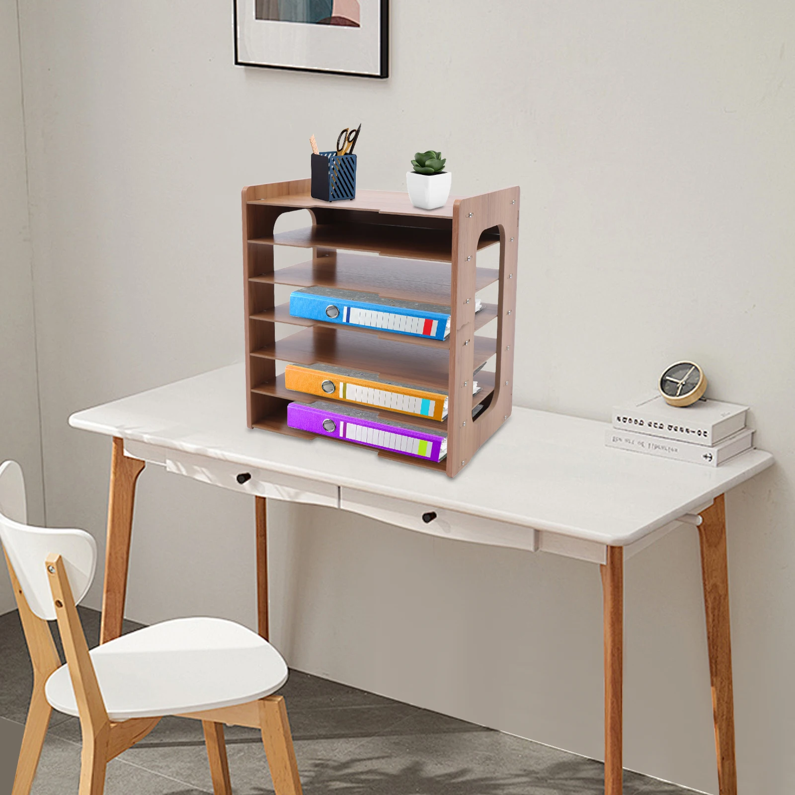 فارز مستندات خشبي واسع من 7 طبقات، منظم بريد سطح المكتب بسعة كبيرة لحمل أوراق A4 والكتب والمجلات في المكتب #4