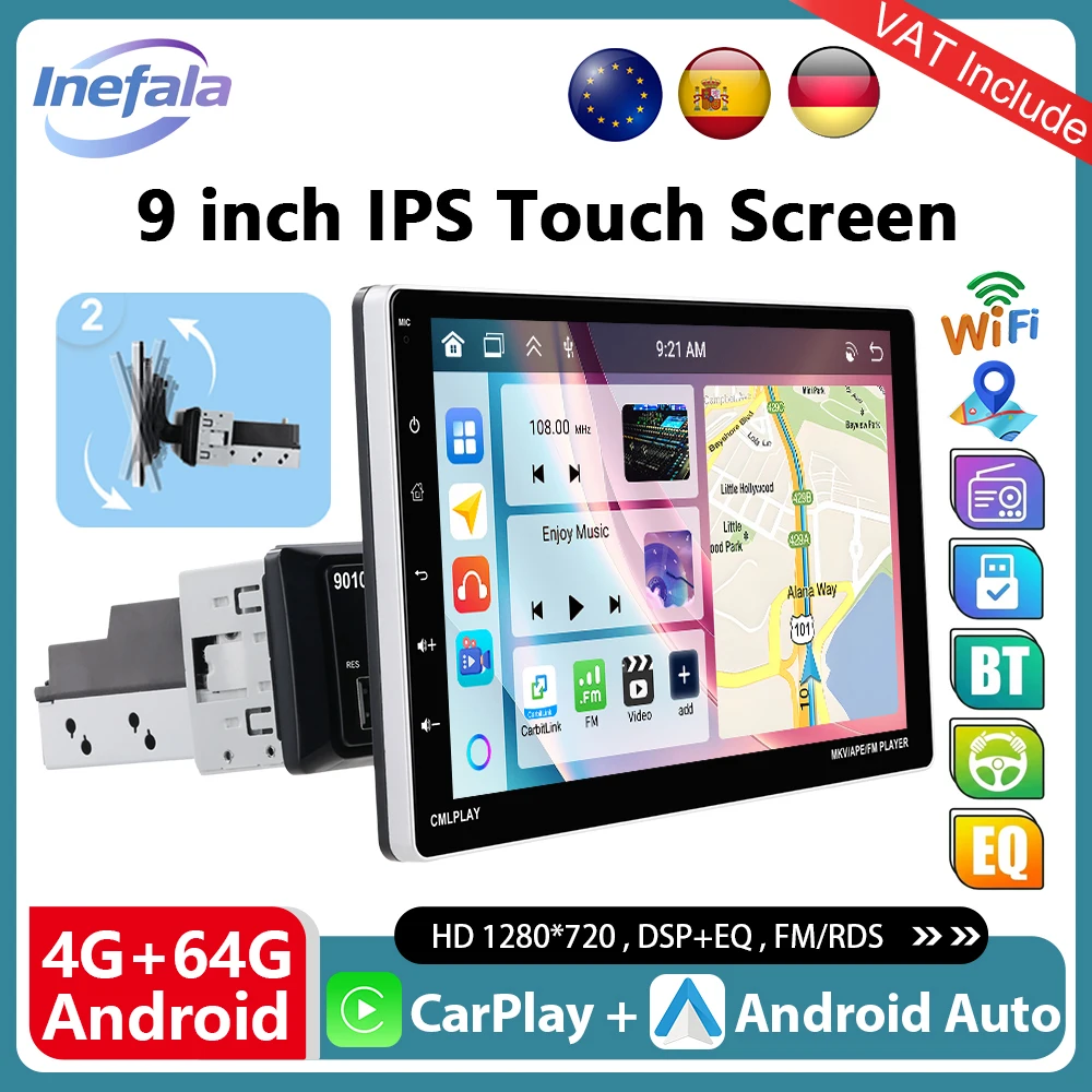 Podofo 9 Zoll Universal Android 15.0 Wireless Carplay Android 1din Autoradio WIFI Touchscreen Android Auto-Headunit BT DAB+ USB Rückfahrkamera Zentrale Multimedia Smart Car Systeme