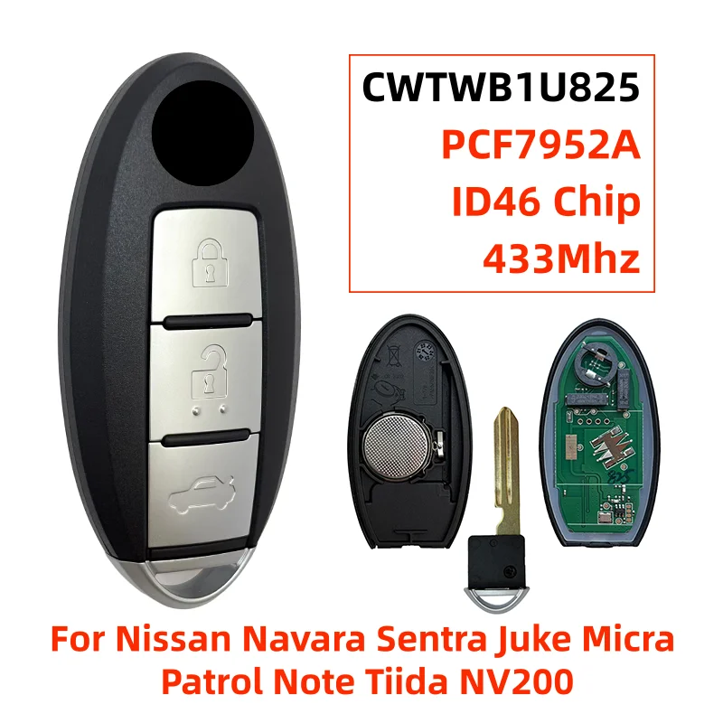 

CWTWB1U825 TWB1G662 3 Button Smart Car Remote Key 433Mhz ID46 Chip For Nissan Navara Sentra Juke Micra Patrol Note Tiida NV200