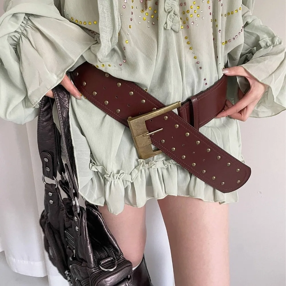 Plus Size Wide PU Leather Belt Rivet Patchwork Western Cowboy Style Rivet Waist Belt Heavy-Industrial Design Trendy Punk Style