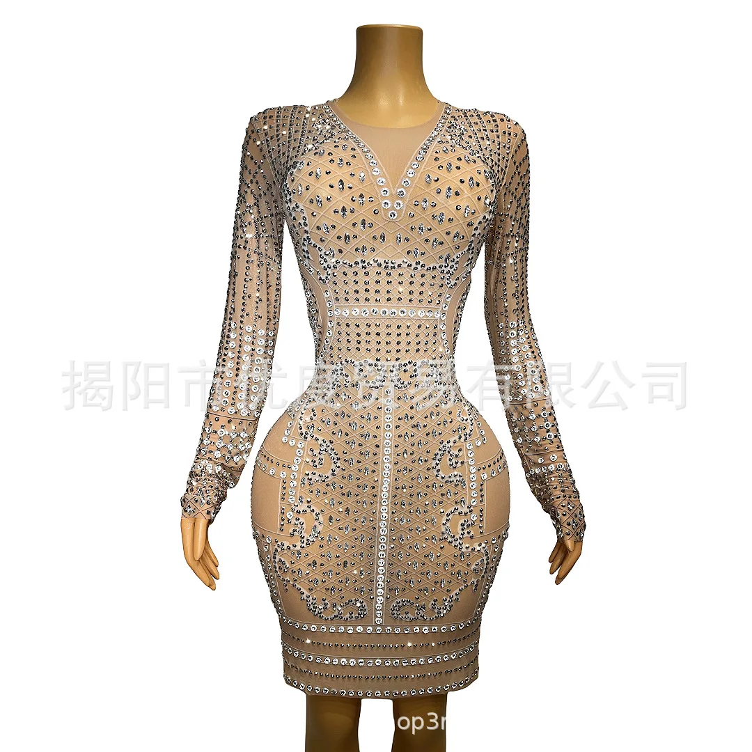 فستان نحيف بأكمام طويلة متألق عالي الجودة لحفلات الكوكتيل وحفلات أعياد الميلاد وتنورة قصيرة ومعطف الأداء فساتين الحفلات