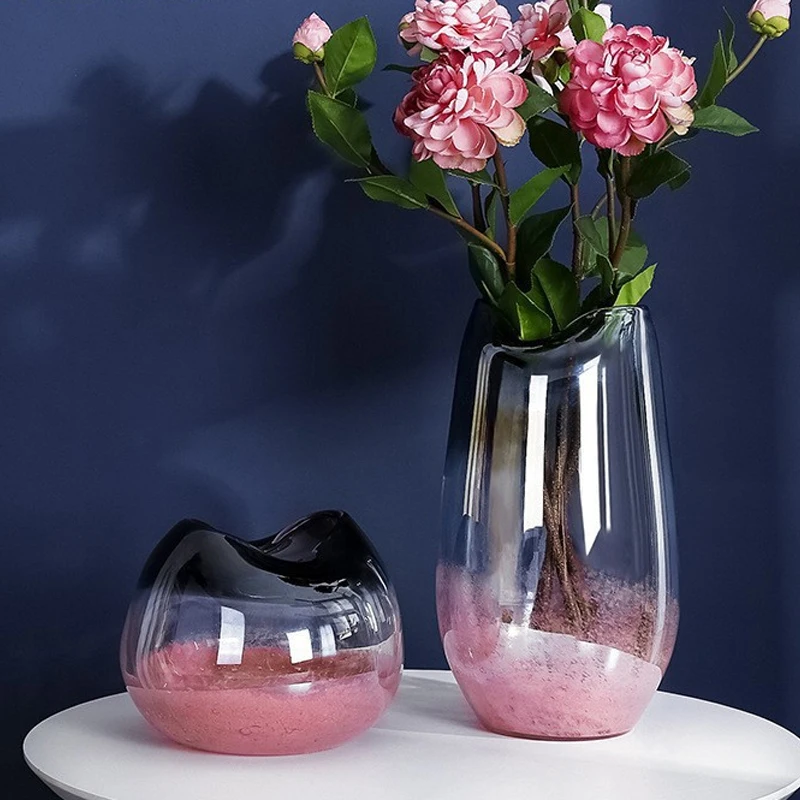 Gradient Pink Gray Hand Blown Glass Vase Irregular Wavy Mouth Crystal Flower Vase Nordic Modern Home Living Room Decor Ornament