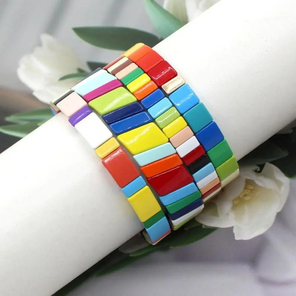 

Handmade Rainbow Bracelets Set Stackable Rectangle Beads Geometric Bangle Tile Beaded Strand Elastic Colorful Hand Accessory