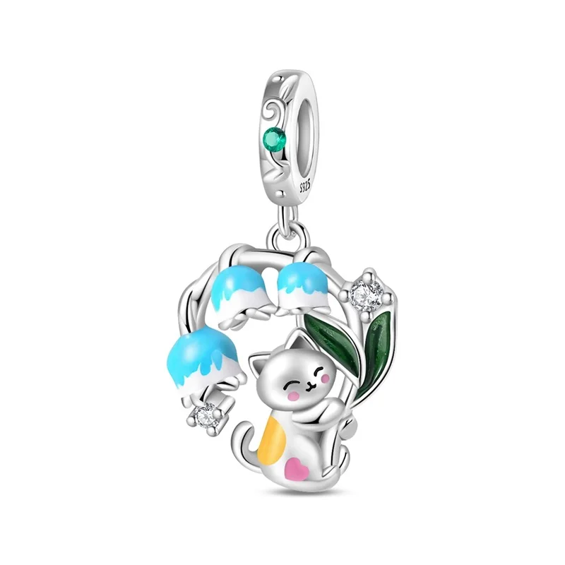 925 Sterling Silver Lily Of The Valley Cute Cat Charms Bead Sparkling CZ Zircon Dangle Fit Original Bracelet DIY Women Jewelry
