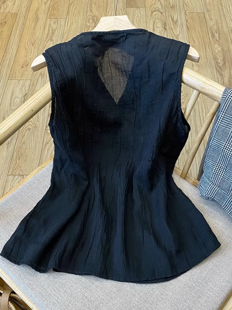 Baumwolle Leinen Vintage Weste für Frauen Sommer Mode Atmungsaktive Dünne Ärmel Einfarbig Einfache Elegante V-ausschnitt Weste Weibliche