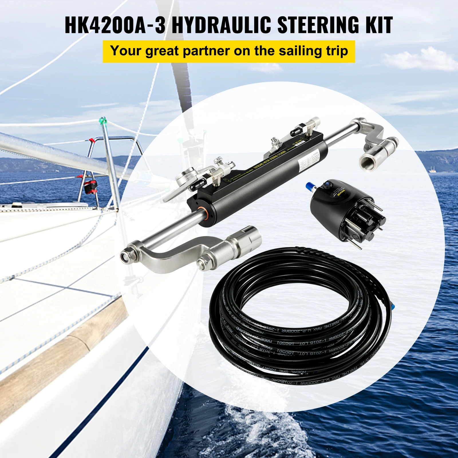 VEVOR 300HP Hydraulic Steering Compact Cylinder Hydraulic Outboard Steering Kit with Helm Pump for Boat Marine Steering System