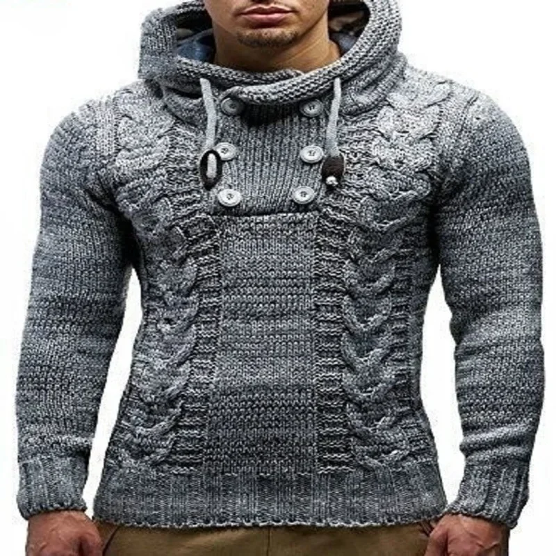 2023 European and American Men\'s Knitted Outerwear Autumn and Winter Oversized High Neck Hooded Sweater