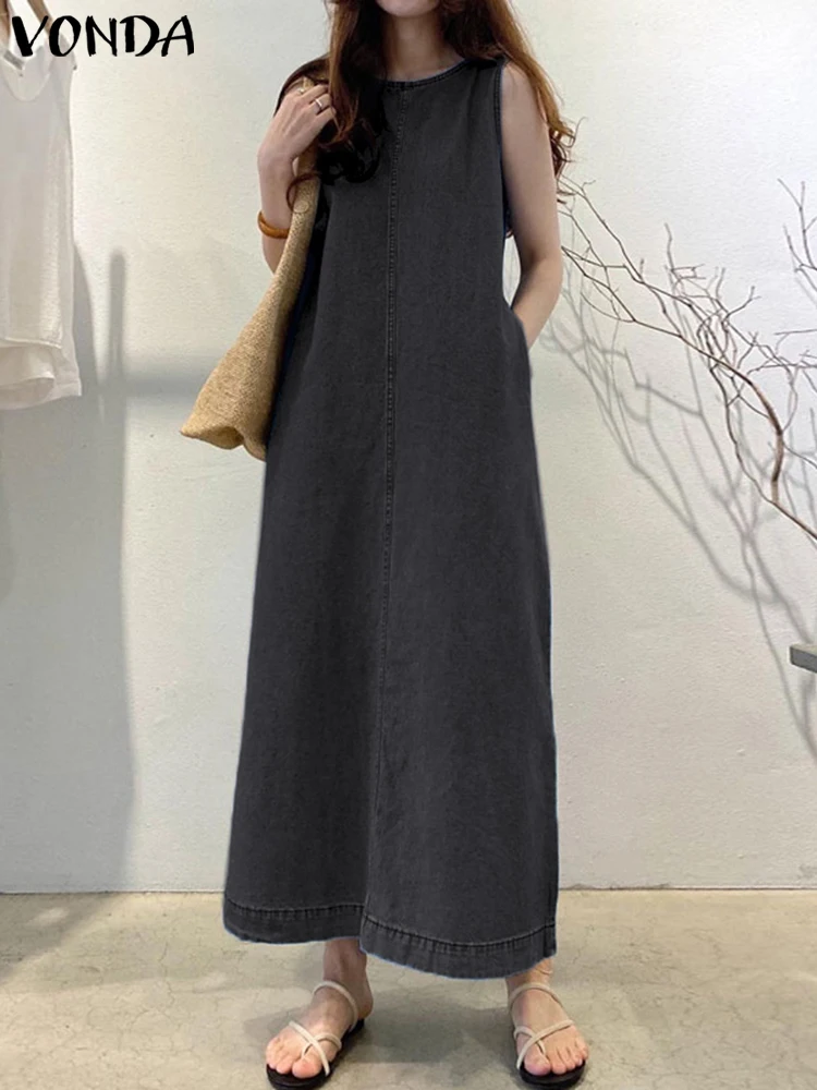 Vonda verão feminino casual maxi denim vestido 2025 sólido vestido de verão plissado solto sem mangas a linha robe oversized