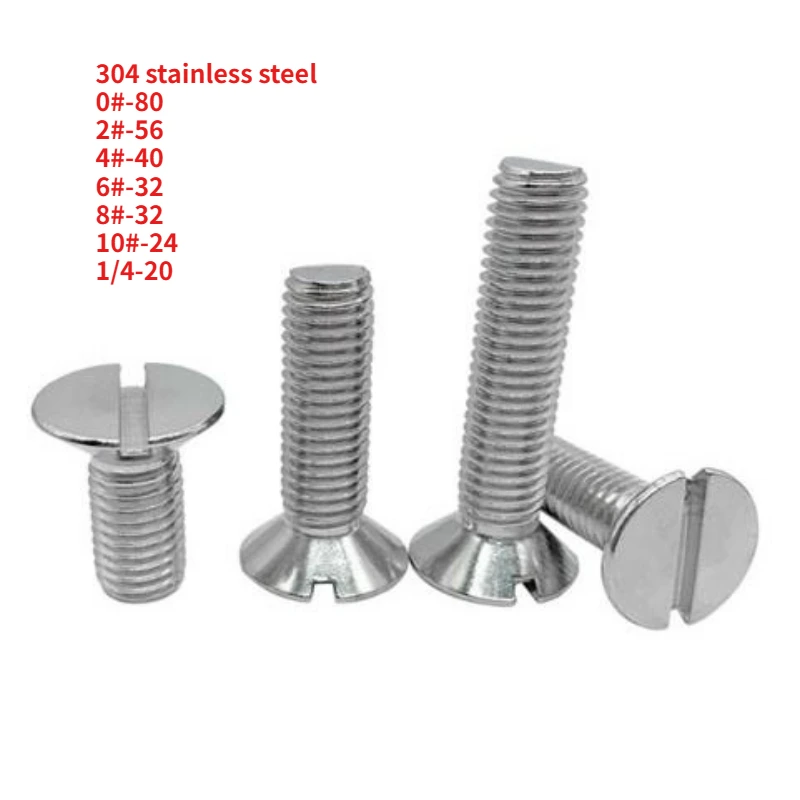 10/50pcs 0#-80 2#-56  4#-40 6#-32 8#-32 10#-24 1/4-20 UNC Threaded 304 Stainless Steel Slotted Flat Countersunk Head Screw Bolt