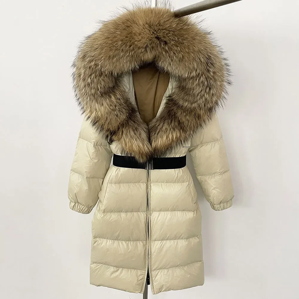 New Natural Thick Warm Long Winter Jacket Women 90% White Duck Down Coat  Real Big Fox Fur Collar Belt Loose Puffer Parka