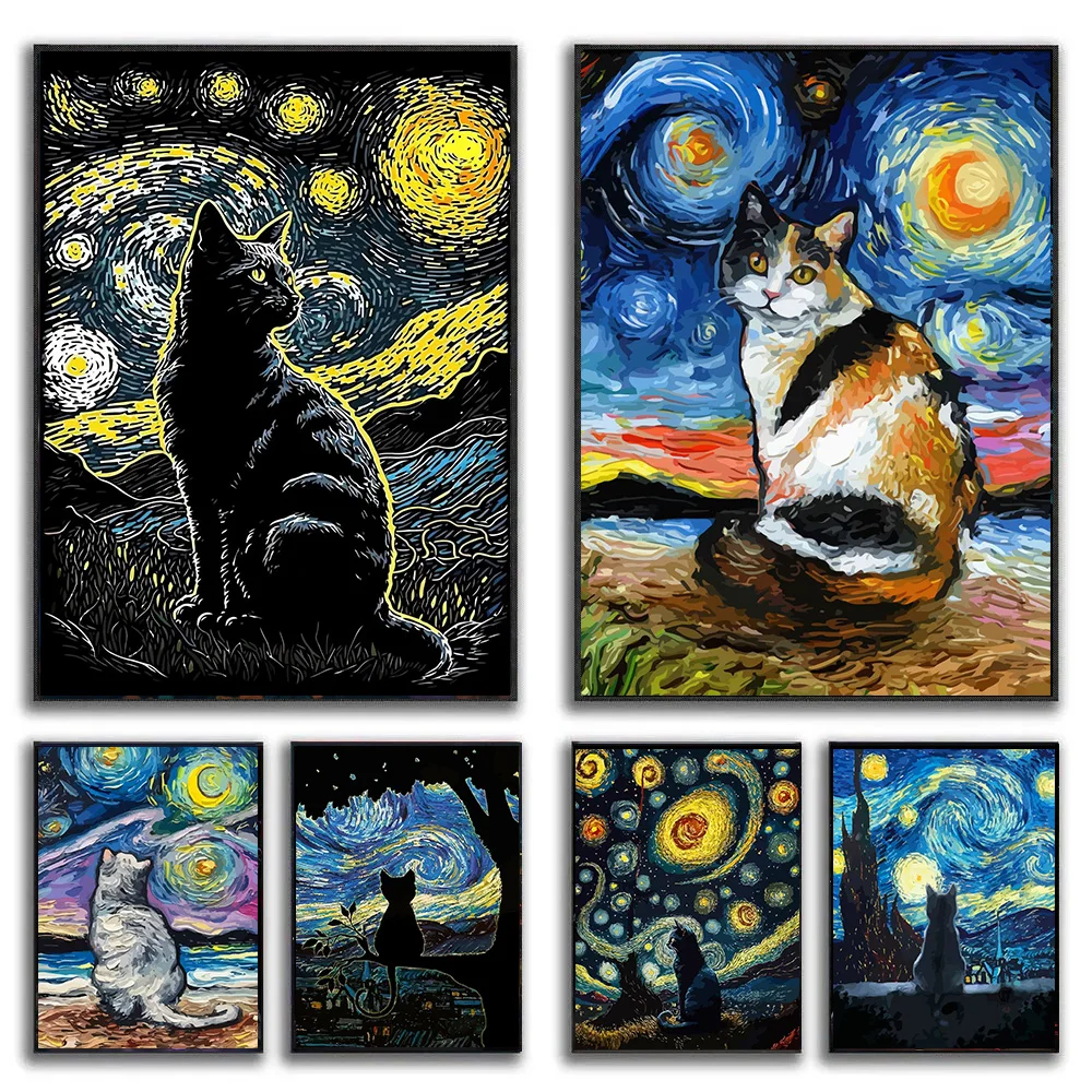 Starry Night Black Cat Funny Art Posters and Prints Modern Animals Abstract Oil Painting Print on Canvas Picture Kids Room Decor