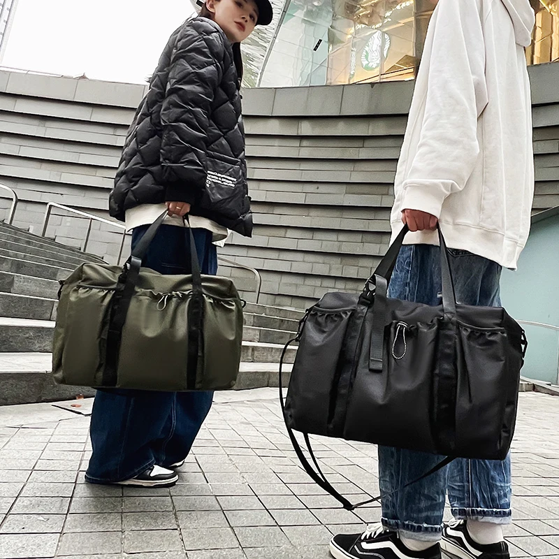 Streetwear Style Nylon Drawstring Men Shoulder Bag Large Capacity Travel Duffle Bag Casual Commuter School Gym Men Handbag