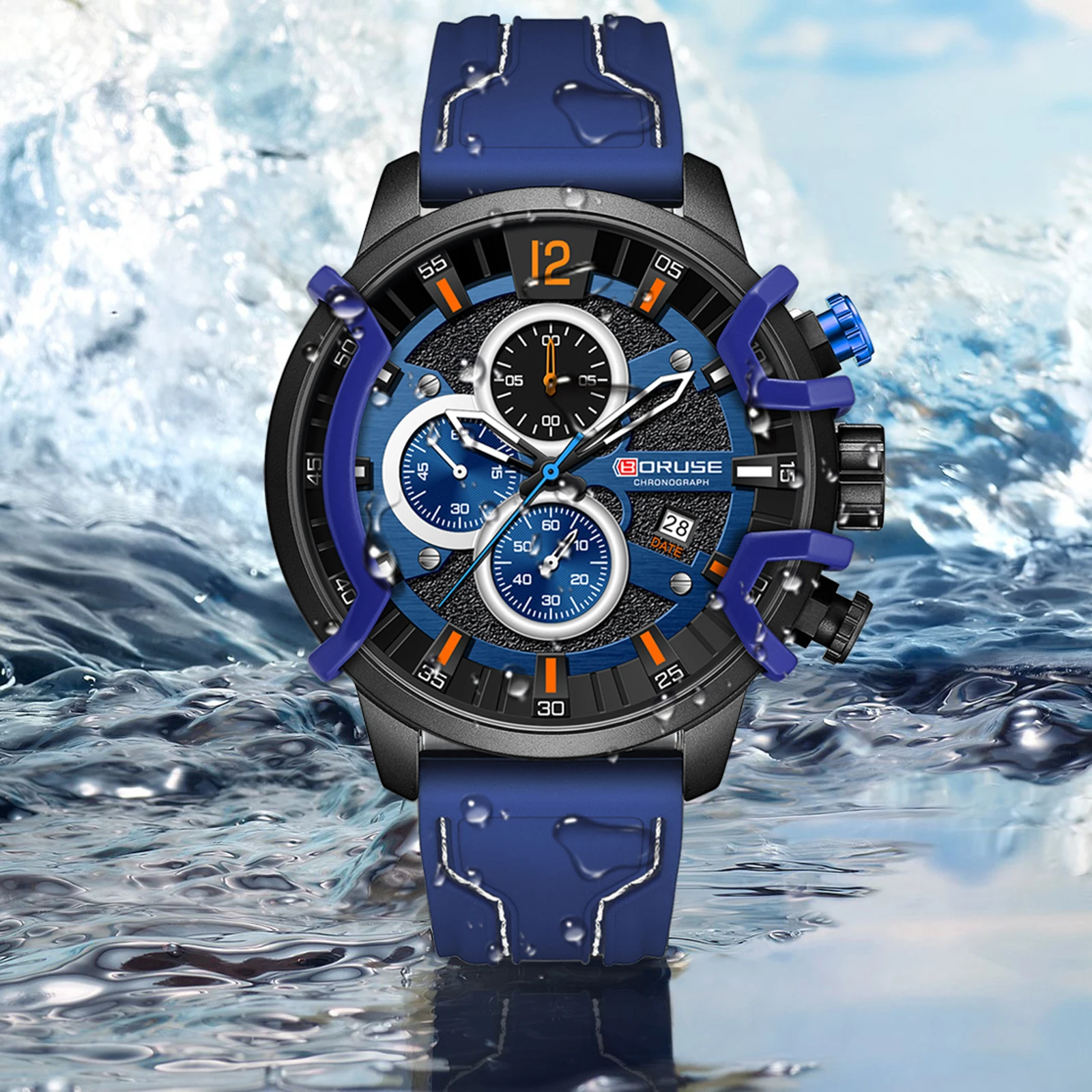 BORUSE Men Chronograph Men Blue Quartz Wacthes  Luxury Male Silicone Wrist Business Calendar Waterproof Mens Watch