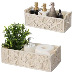 2Pcs Storage Baskets Boho Storage Boxes Macrame Woven Baskets With Wood Handles Boho Decor Shelf Baskets For Bathroom Bedroom