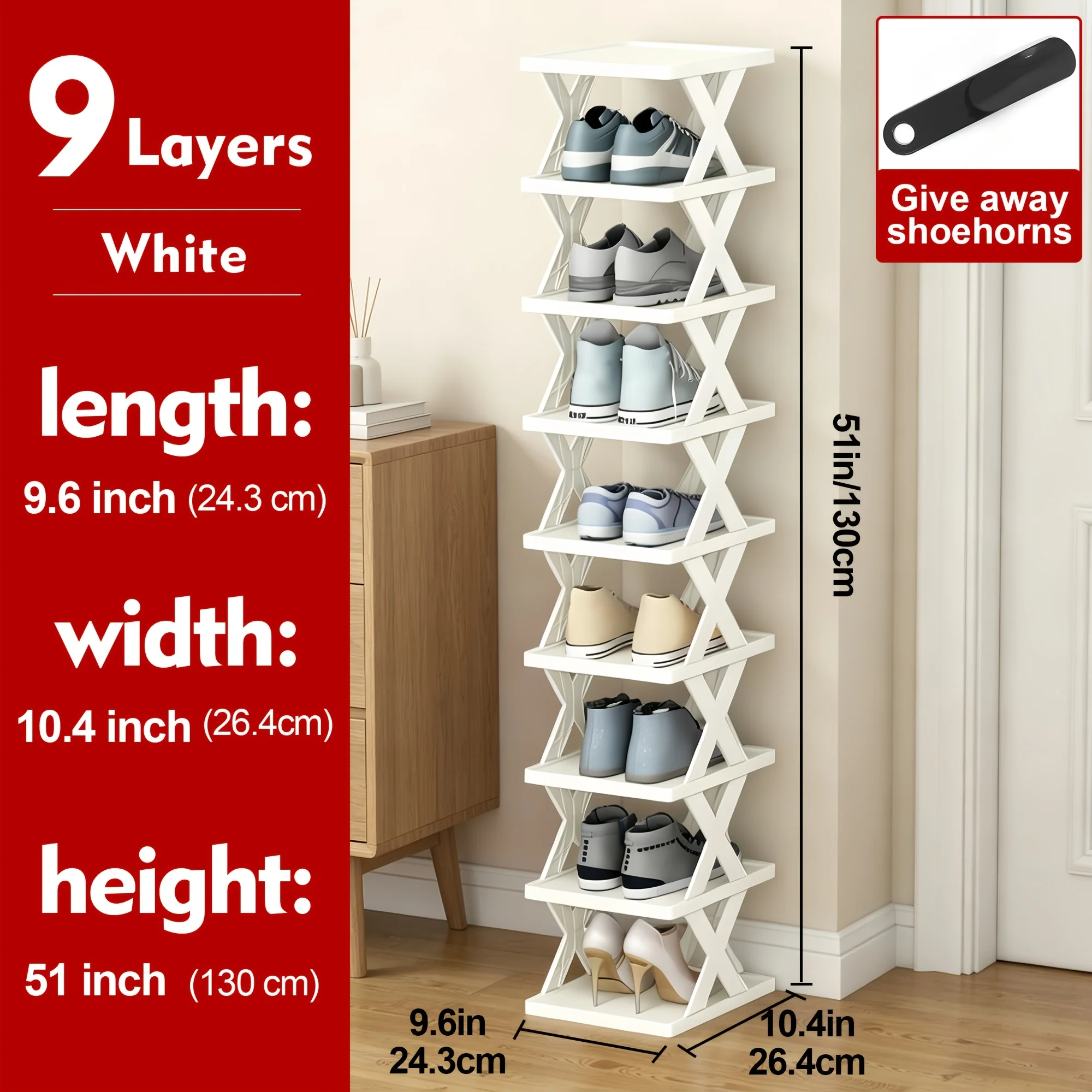 Narrow Vertical X Shape Shoe Rack 6/9 Tier, Freestanding Plastic Shoe Storage Organizer, Space Saving Shoe Shelf for Entryway Hallway Bedroom, Shoe Holder with Bonus Shoehorn Gift