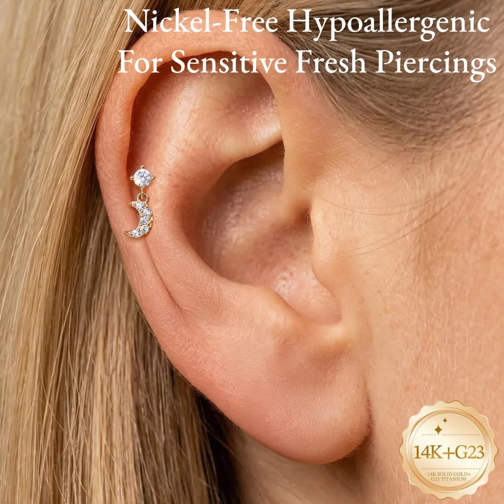 DIeSchein 14K Solid Gold Piercing Earrings Women Luxury Fflat Back Eearrings Gold 14k for Helix Tragus Daith Piercings Kid Gift