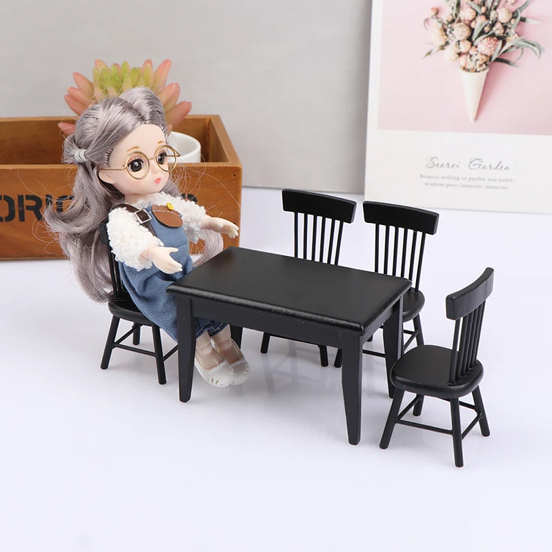 1:12 Dollhouse Restaurant Mini Dining Table Food Black Table Chairs Scene Model