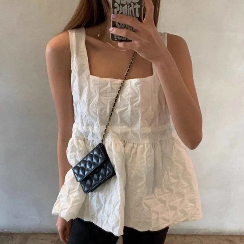 Folds Sleeveless Suspender Shirt for Women\'s Summer Sweet Simple Blouse Women Loose Casual Solid Color Blusas Short Top