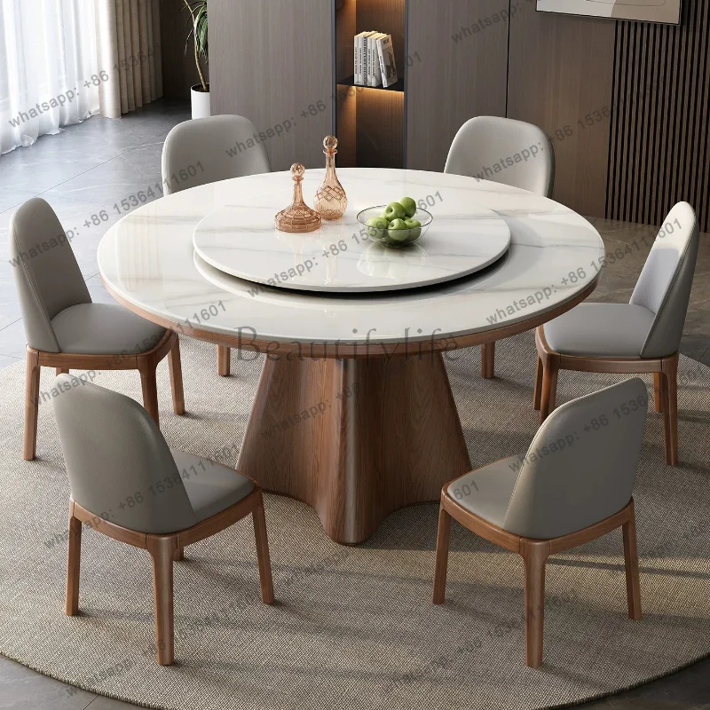 FG Home Light luxury rock slab round dining table solid wood modern simple large round tables with 6 chairs set kitchen furnitur