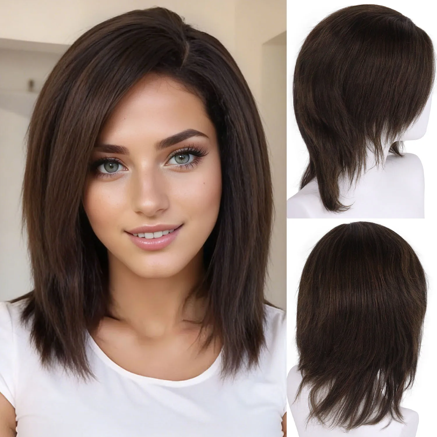 

Synthetic Brown Natural Fashion Breathable Straight Side Bangs Wig for White Women 16 Inch Short Full Wigs for Mother Daily Use