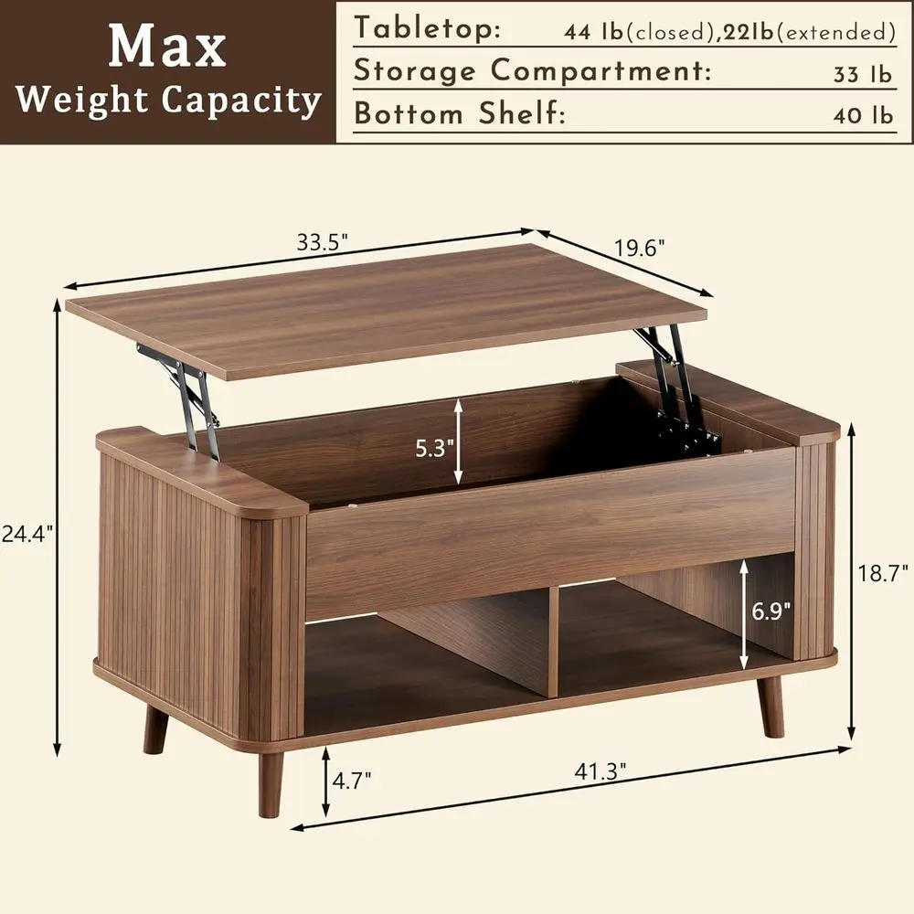 Lit Top Coffee Table with Storage, 41 Modern Coffee Table with Luted & Curved Profile Design, Hidden Storage Compartment, Lower
