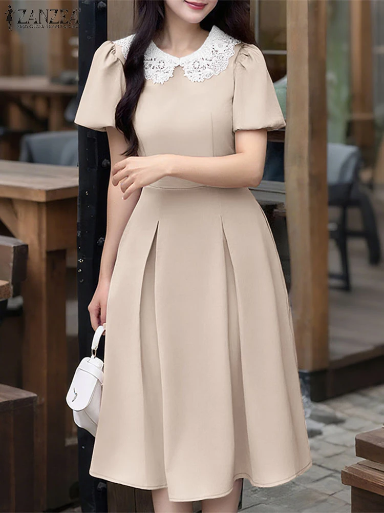 Eleganckie Sukienki Damskie 2025 ZANZEA Stylowa Sukienka na Imprezę Letnia Krótka Bufiasta Sukienka do Pracy OL Vestido Plisowana Sukienka Letnia Linia A Midi Robe