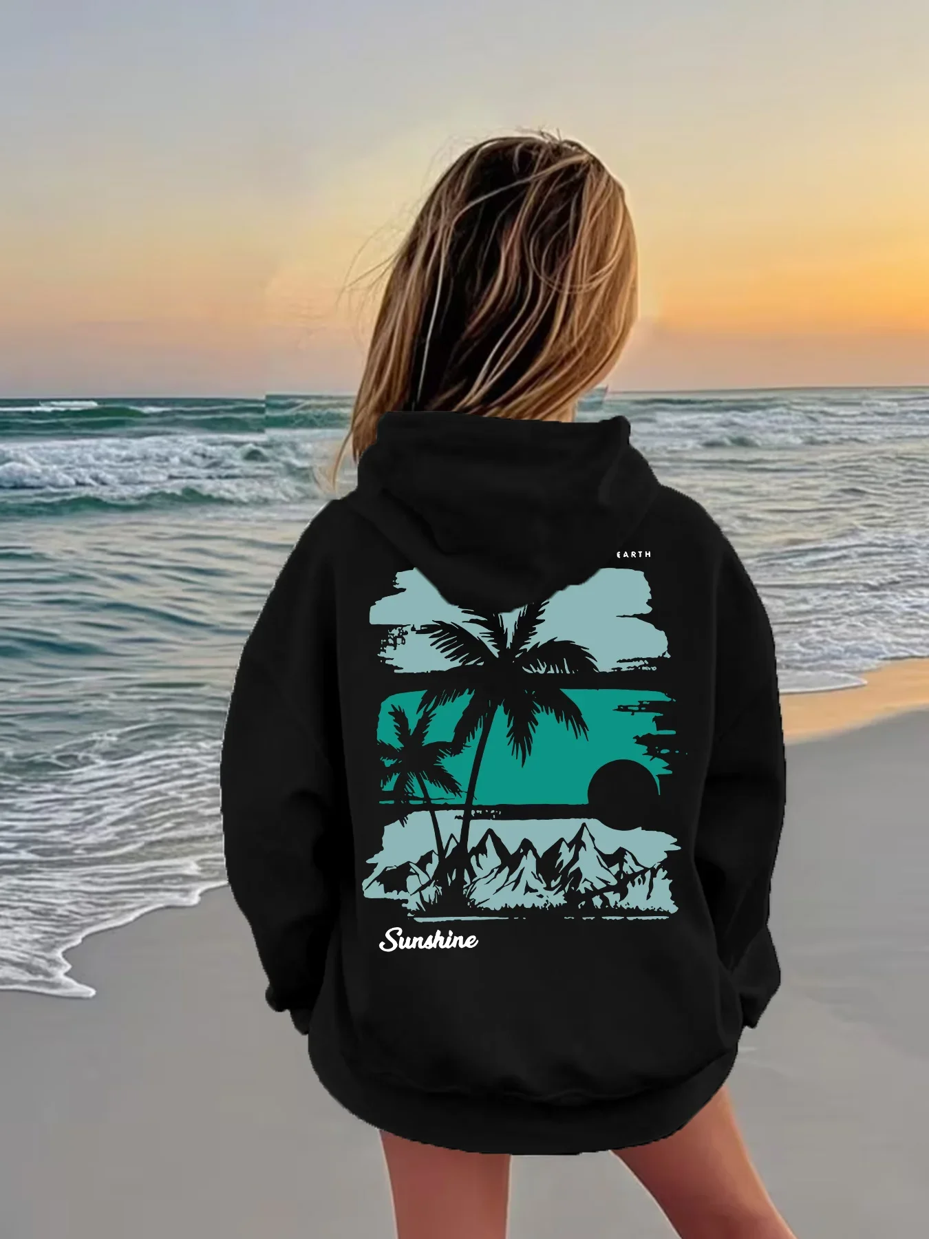 Teen Kids Girls Black Palm Tree Graphic Printed Hoodie Loose Ocean Landscape Active Beach Vacation Top Autumn Clothes