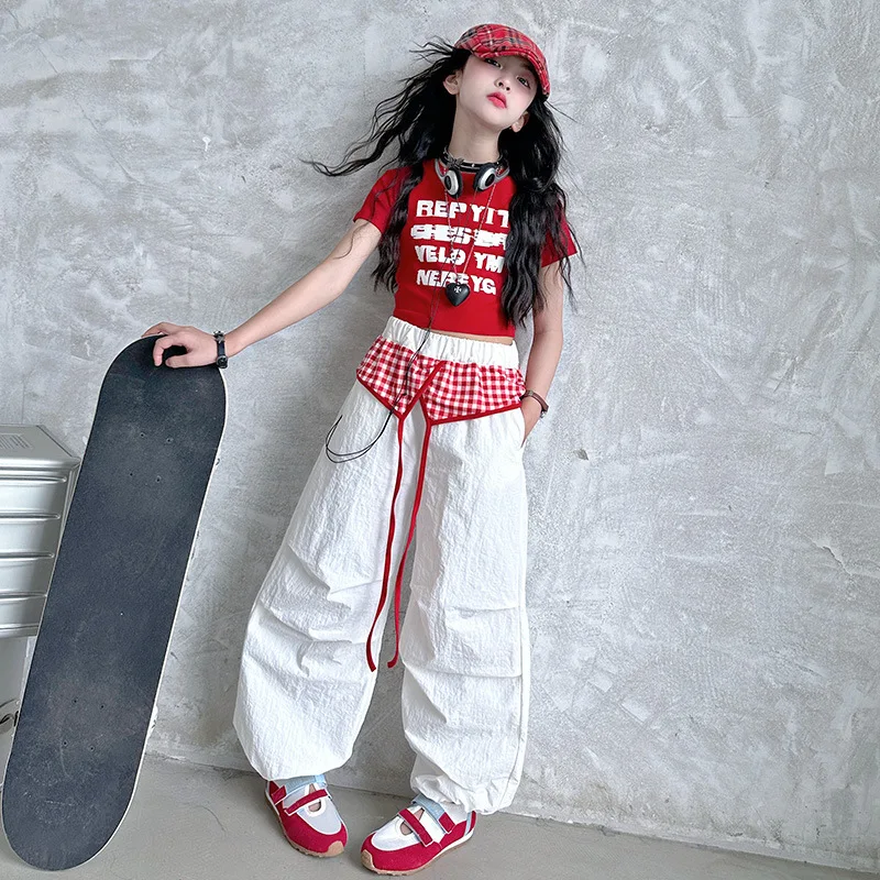 Pantalones de paracaidista en capas retro para chica adolescente, Camiseta corta para chico joven, traje de baile callejero de Jazz hip-hop, pantalones Cargo con empalme de rejilla