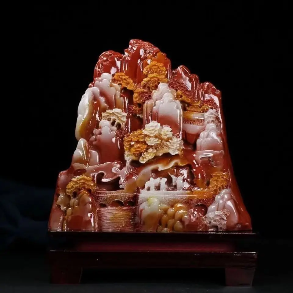 Chinese antique large-sized Shoushan stone carving landscape interior decoration